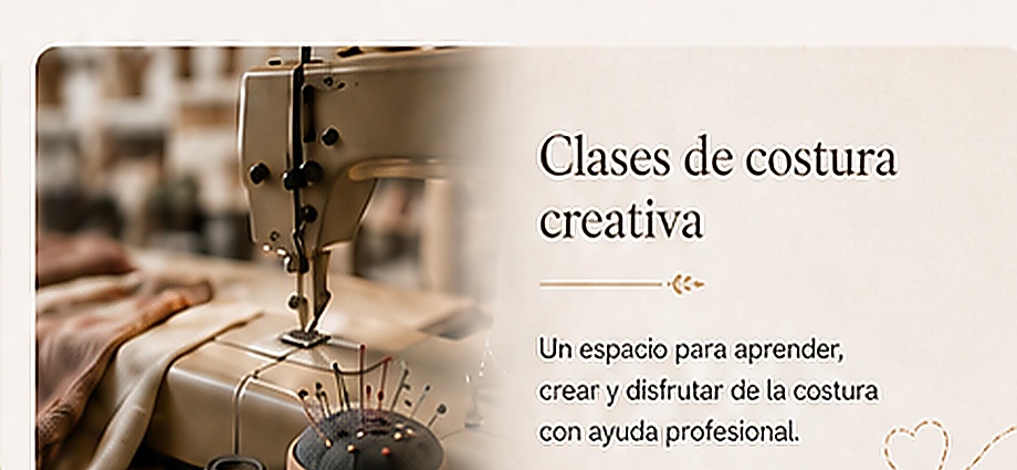 Panel Clases de costura creativa con máquina de coser y materiales de costura.
