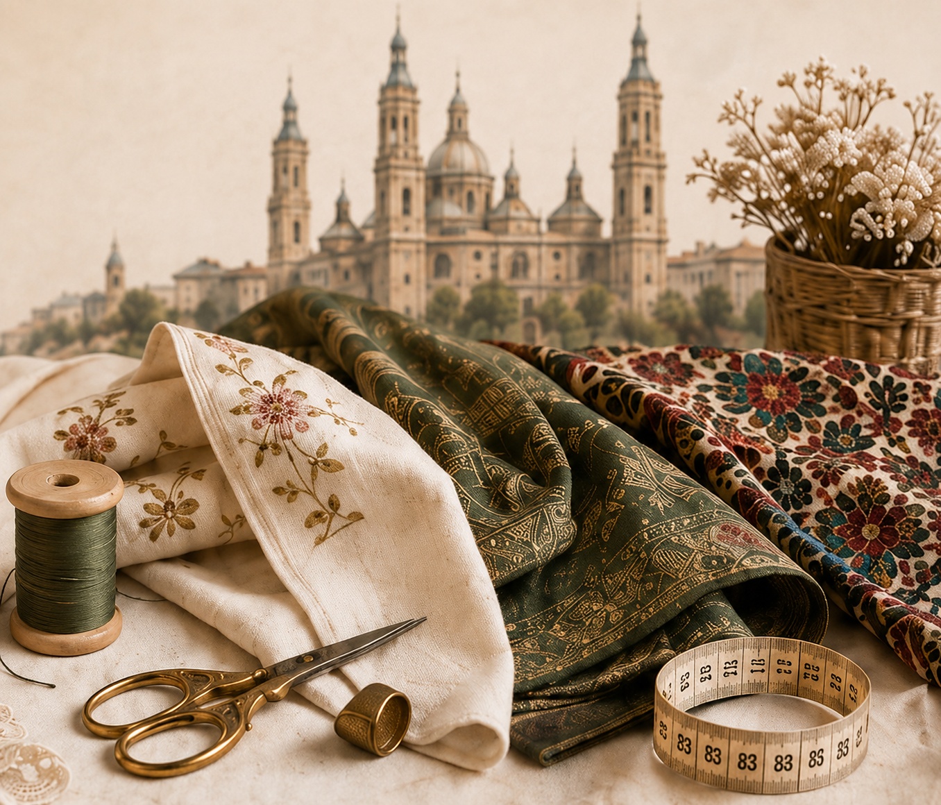 Telas, hilos, tijeras y detalle tradicional aragonés