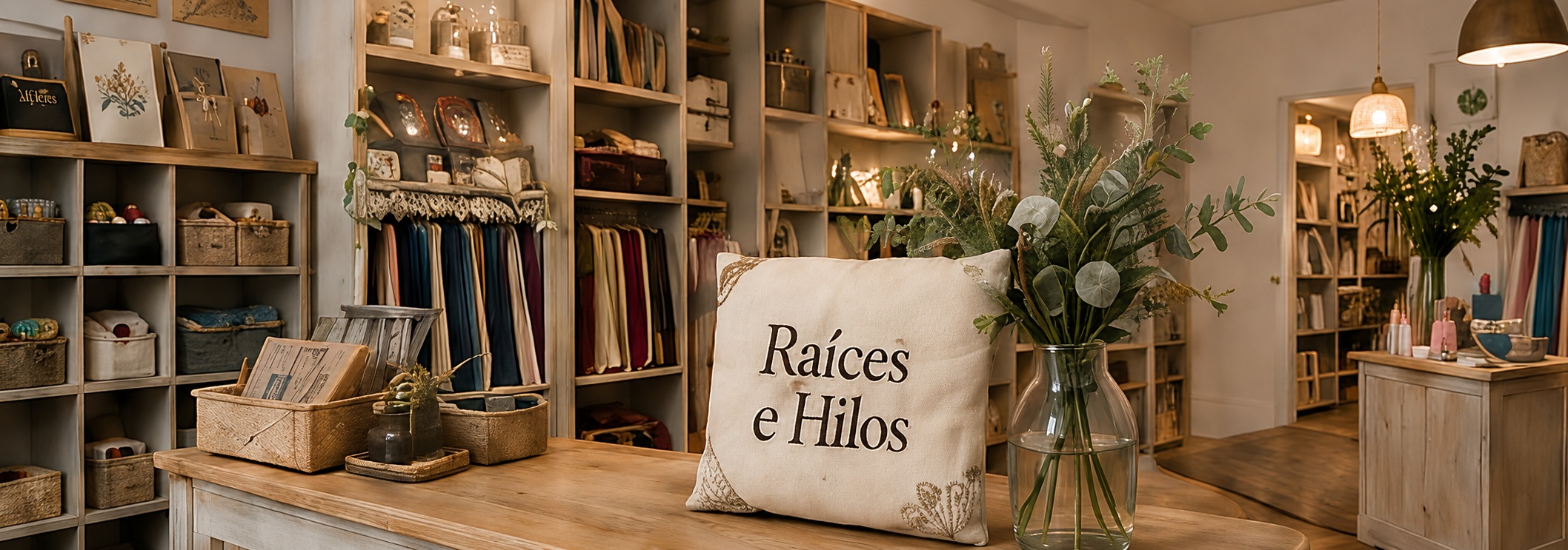 Interior acogedor de la tienda Raíces e Hilos.