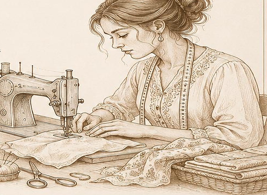 Ilustración de una mujer cosiendo en máquina de coser